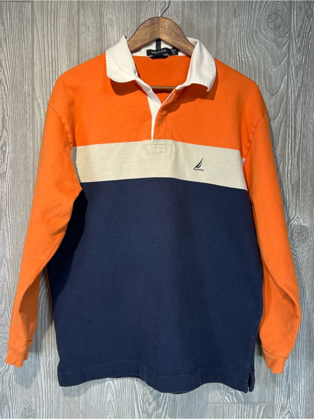 Vintage Nautica Men’s XL Rugby Shirt Long Sleeve Orange Navy 100% Cotton